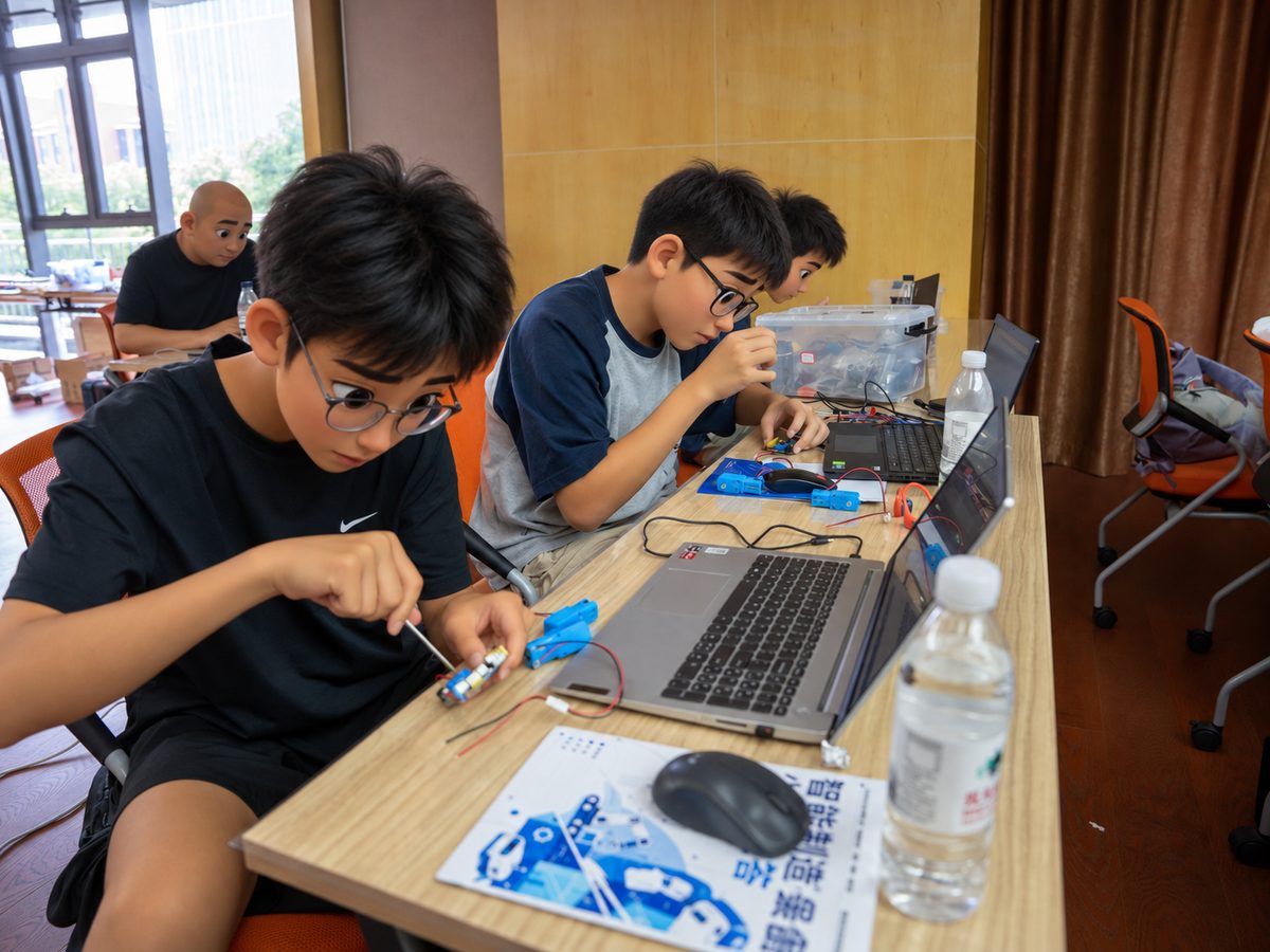 学生在课桌前练习电子搭建与编程